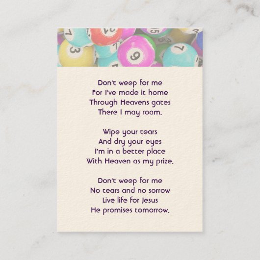 Carte De Visite Christian Memorial Photo Keepsake Bingo Game (Dos)