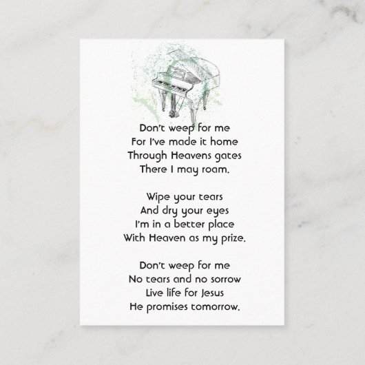 Carte De Visite Christian Memorial Photo Prayer Piano Musician (Dos)