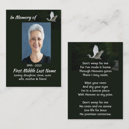 Carte De Visite Christian White Egret Bird Memorial Keepsake  (Devant / Derrière)