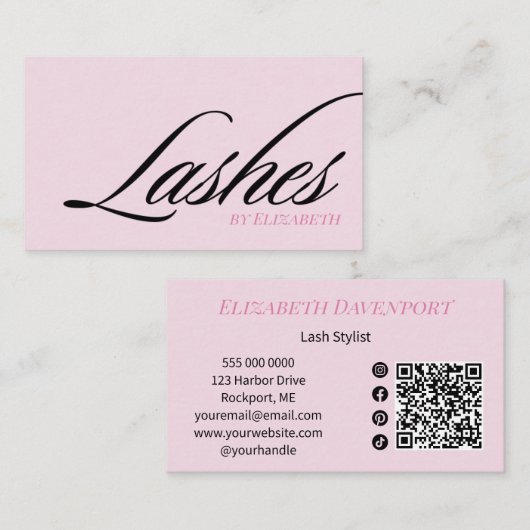 Carte De Visite Cils Code QR d'icône sociale de script Rose Pâle N (Devant / Derrière)
