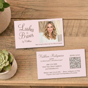 Carte De Visite Cils et Sourcils Code QR Photo Écriture Rose Gênée
