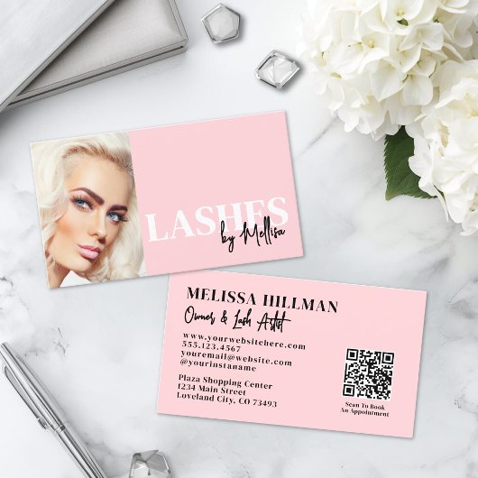 Carte De Visite Cils Photo Code QR Écriture Rose Fardé