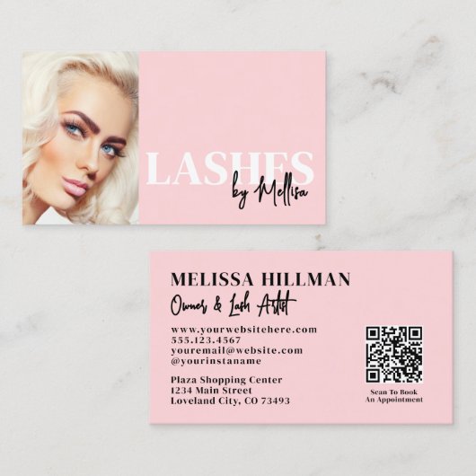 Carte De Visite Cils Photo Code QR Écriture Rose Fardé (Devant / Derrière)
