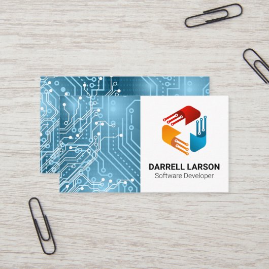 Carte De Visite Circuit Board | Logo Tech Modern (Devant/Arrière en situation)