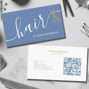 Carte De Visite Ciseaux à cheveux dorés bleu poussiéreux Code QR S