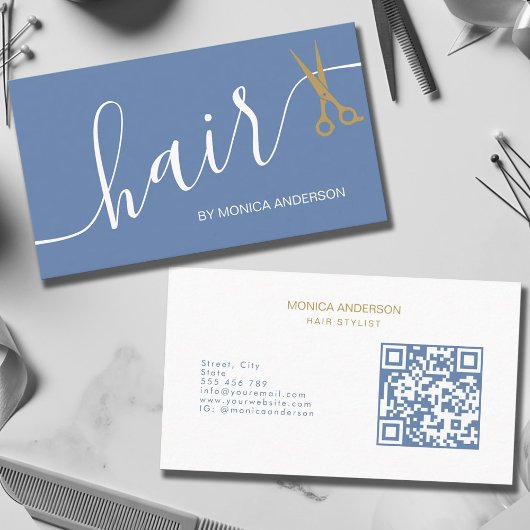 Carte De Visite Ciseaux à cheveux dorés bleu poussiéreux Code QR S