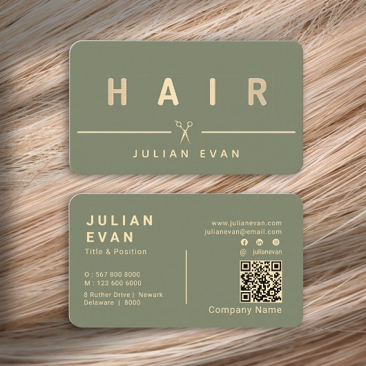 Carte De Visite Ciseaux à cheveux élégants dorés Coiffeur Vert sau