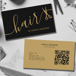 Carte De Visite Ciseaux à cheveux en or noir de luxe Code QR