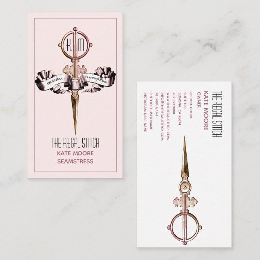 Carte De Visite Ciseaux Anciens Et Bannière Mer Rose (Devant / Derrière)