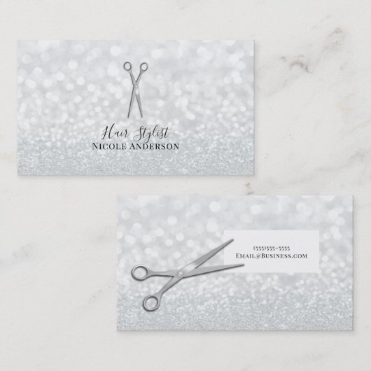 Carte De Visite Ciseaux Argent Parties scintillant blanche Chic Ha (Devant / Derrière)
