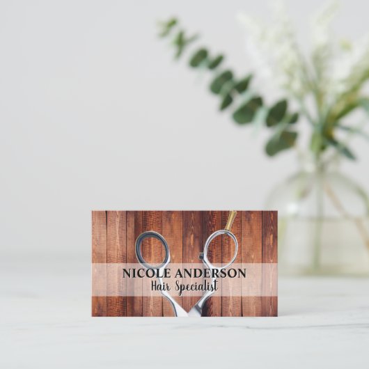 Carte De Visite Ciseaux | Arrière - plan bois (Debout devant)