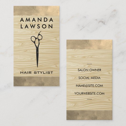 Carte De Visite Ciseaux | Arrière - plan du grain de bois (Devant / Derrière)