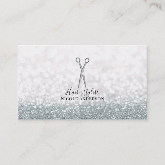 Carte De Visite Ciseaux d'argent Coiffeur paillettes blanches (Devant)