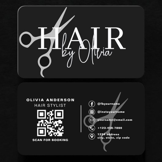 Carte De Visite Ciseaux de coiffeur Code QR Noir Argent