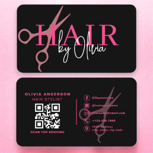 Carte De Visite Ciseaux de coiffeur Code QR Noir Rose