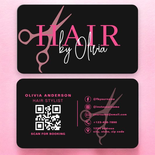 Carte De Visite Ciseaux de coiffeur Code QR Noir Rose