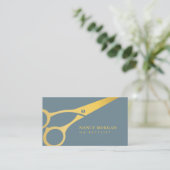 Carte De Visite Ciseaux de coiffeur Dusty Blue Et Or (Debout devant)