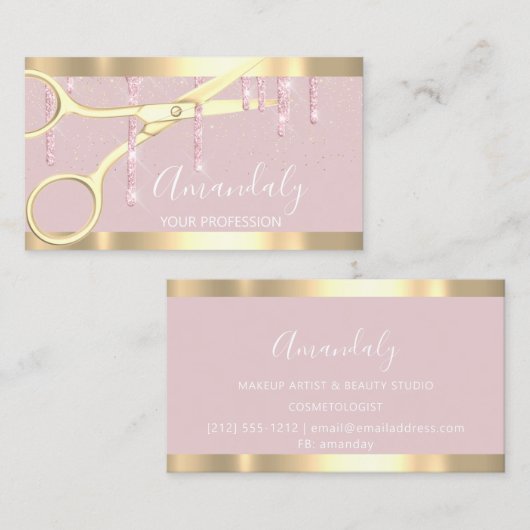 Carte De Visite Ciseaux de coiffeur moderne Gold Rose Blush (Devant / Derrière)