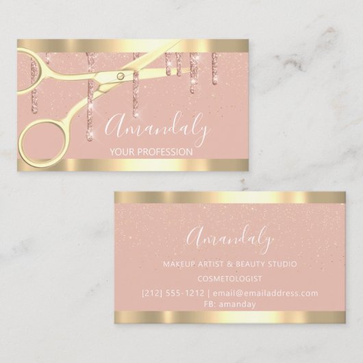 Carte De Visite Ciseaux de coiffeur moderne Rose or Blush (Devant / Derrière)