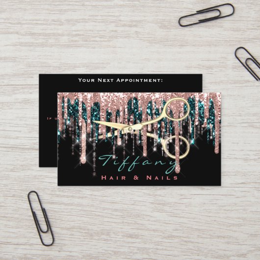 Carte De Visite Ciseaux de coiffeur professionnel Rose Black Gold (Devant/Arrière en situation)