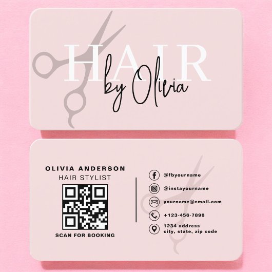 Carte De Visite Ciseaux de coiffeur Rose poudré Code QR