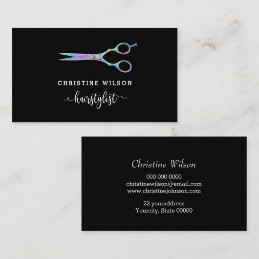 Carte De Visite ciseaux de coiffeur sur noir (Devant / Derrière)
