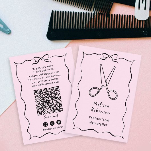 Carte De Visite Ciseaux de coiffeuse Rose Fille & Code QR Coquette