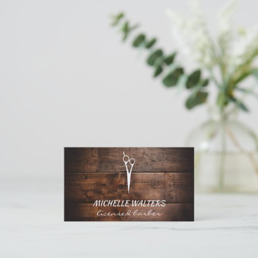 Carte De Visite Ciseaux de coiffure et bois sous licence (Debout devant)