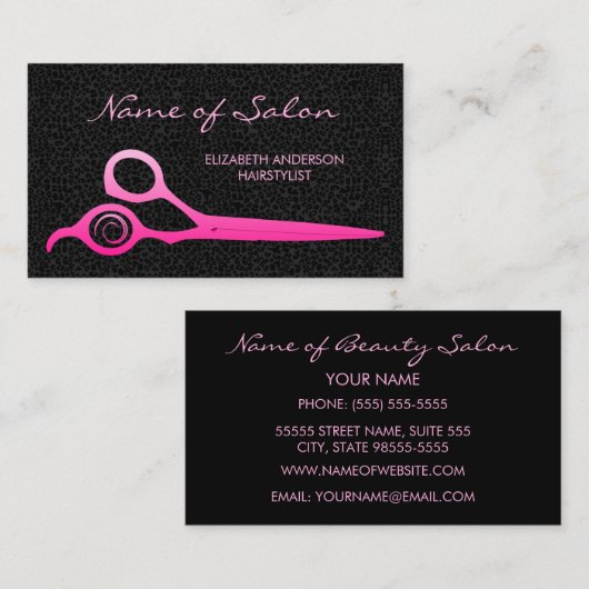 Carte De Visite Ciseaux de coiffure rose léopard noir (Devant / Derrière)