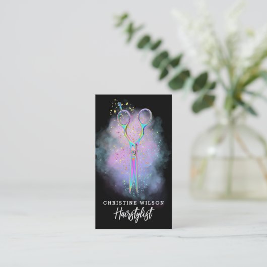 Carte De Visite ciseaux de coiffure sur nuage violet (Debout devant)