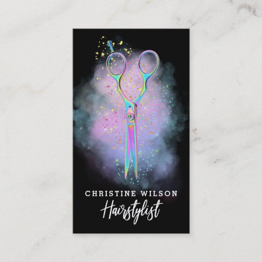 Carte De Visite ciseaux de coiffure sur nuage violet (Devant)
