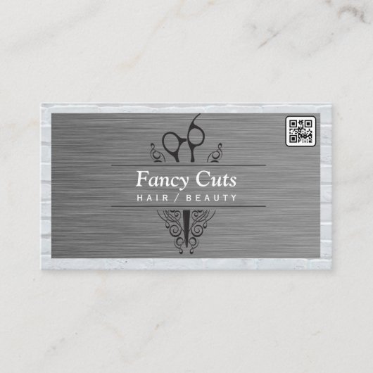 Carte De Visite Ciseaux de salon | Acier et brique | Code QR (Devant)