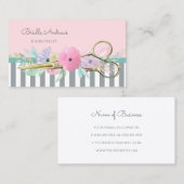 Carte De Visite Ciseaux d'or et rayures Coiffeur rose Floral (Devant / Derrière)