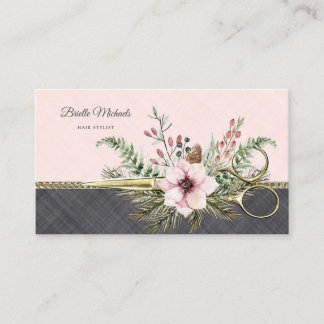 Carte De Visite Ciseaux d'or Floral rose Grey Linge Liste de cheve