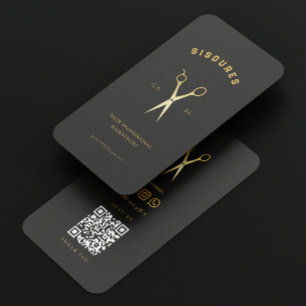 Carte De Visite Ciseaux d'or moderne Barbershop QR
