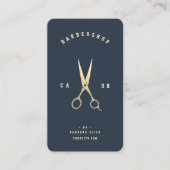 Carte De Visite Ciseaux dorés Barbershop moderne bleu foncé (Devant)