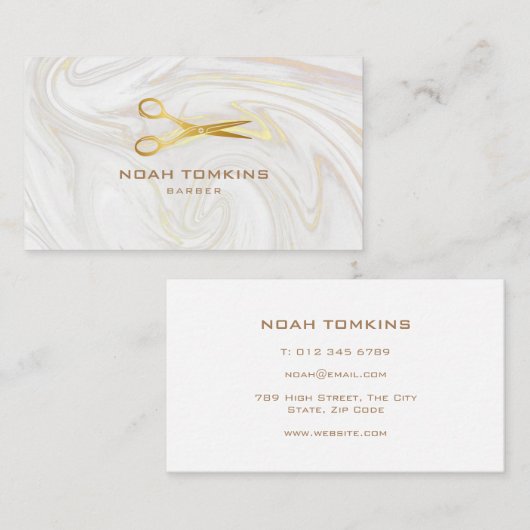 Carte De Visite Ciseaux dorés de marbre barbier (Devant / Derrière)