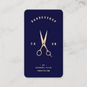 Carte De Visite Ciseaux dorés en barbre moderne bleu nuit (Devant)