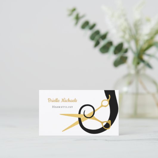Carte De Visite Ciseaux dorés modernes Coiffure noire Coiffure Sal (Debout devant)