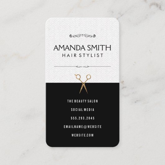 Carte De Visite Ciseaux élégants Black Subtle Wavy Gold Salon (Devant)