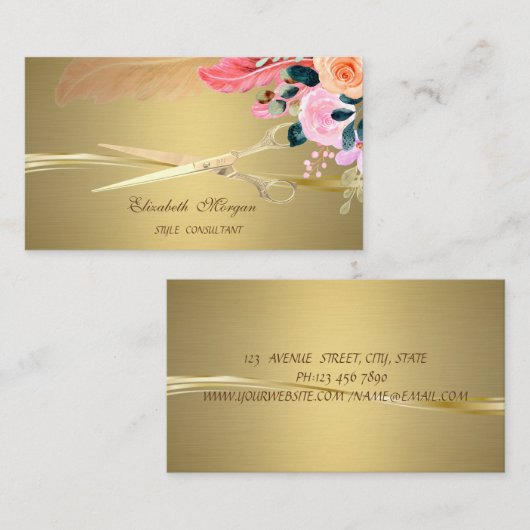 Carte De Visite Ciseaux Élégants, Fleurs Plumes Faux Or (Devant / Derrière)