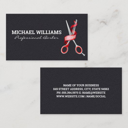 Carte De Visite Ciseaux en barbier | Arrière - plan en cuir (Devant / Derrière)