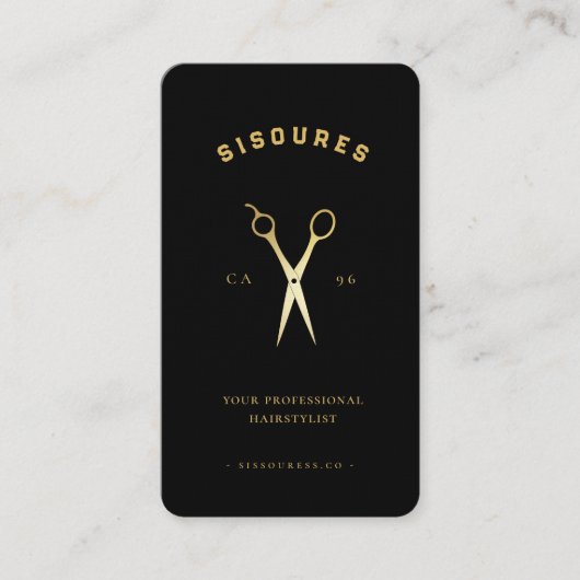 Carte De Visite Ciseaux en or Barber Coiffeuse Barbier Noir (Devant)