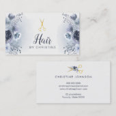 Carte De Visite ciseaux et décoration florale bleue (Devant / Derrière)