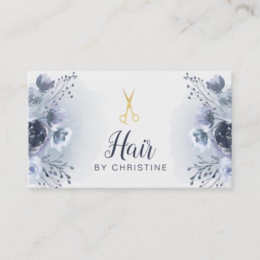 Carte De Visite ciseaux et décoration florale bleue (Devant)