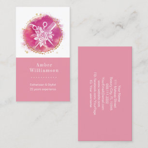Carte De Visite Ciseaux et Peigne de Coiffeur Moderne Rose Chic