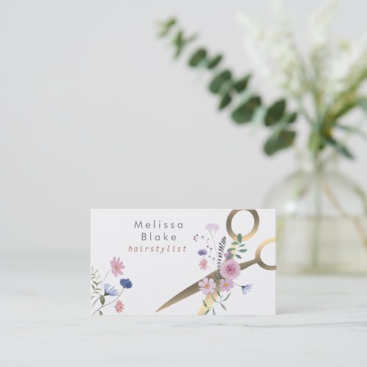 Carte De Visite ciseaux fleur sauvage coiffeur (Debout devant)