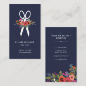 Carte De Visite Ciseaux floraux - coiffeur de bleu marine (Devant / Derrière)