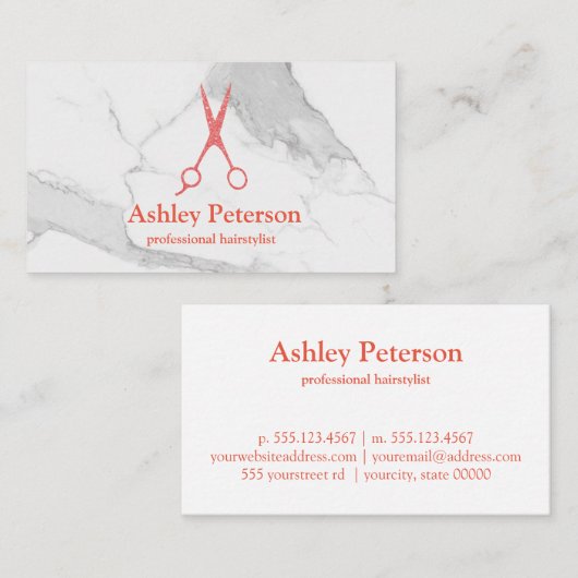 Carte De Visite Ciseaux Logo Coiffeur Marbre & Rose Or (Devant / Derrière)