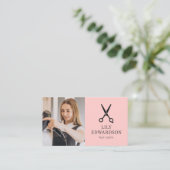 Carte De Visite Ciseaux Logo Photo QR Code Coiffeur Cheveux Rose (Debout devant)